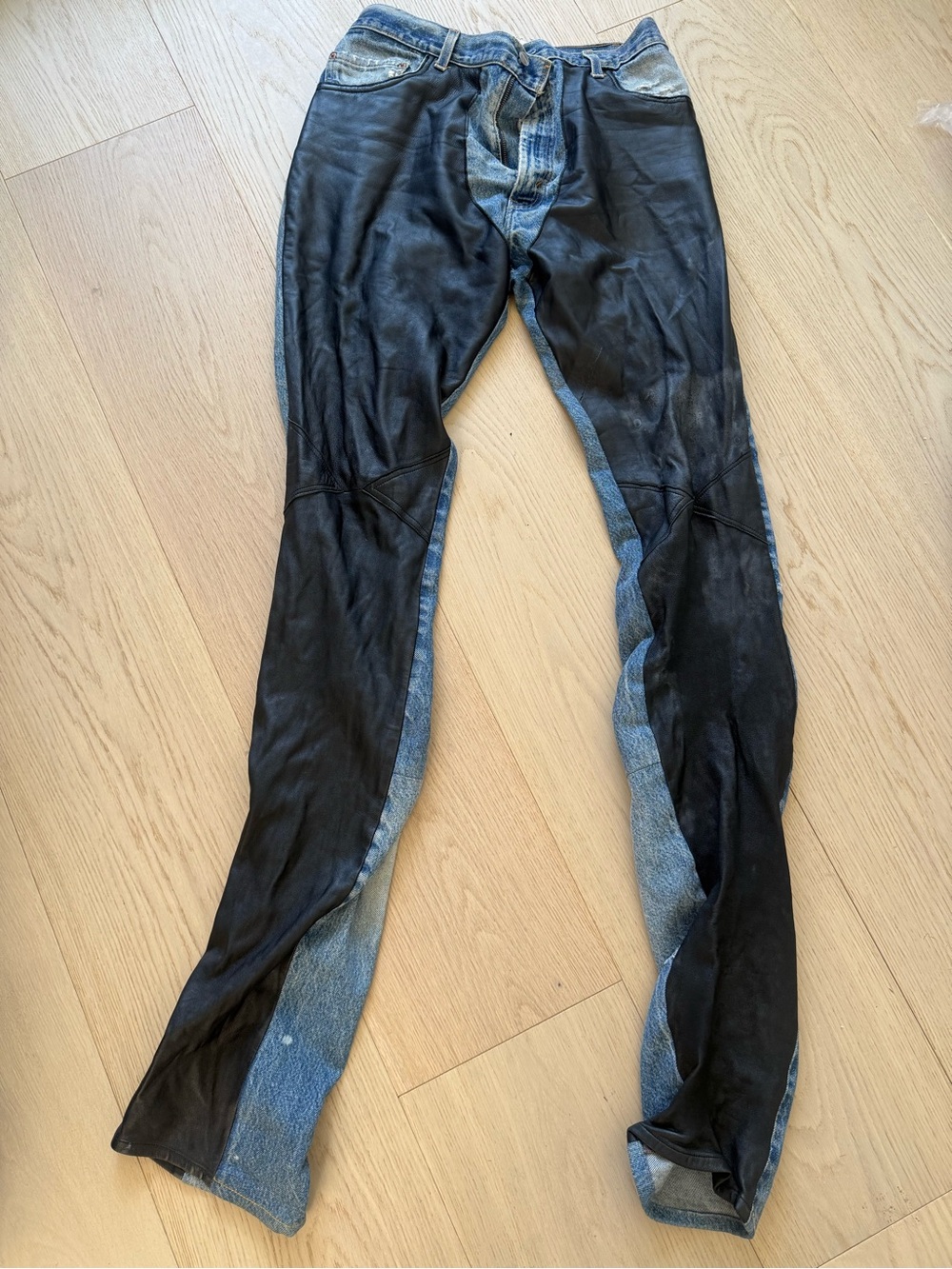Leather patchwork Women Straight Leg Two-Tone Black and Blue Jeans